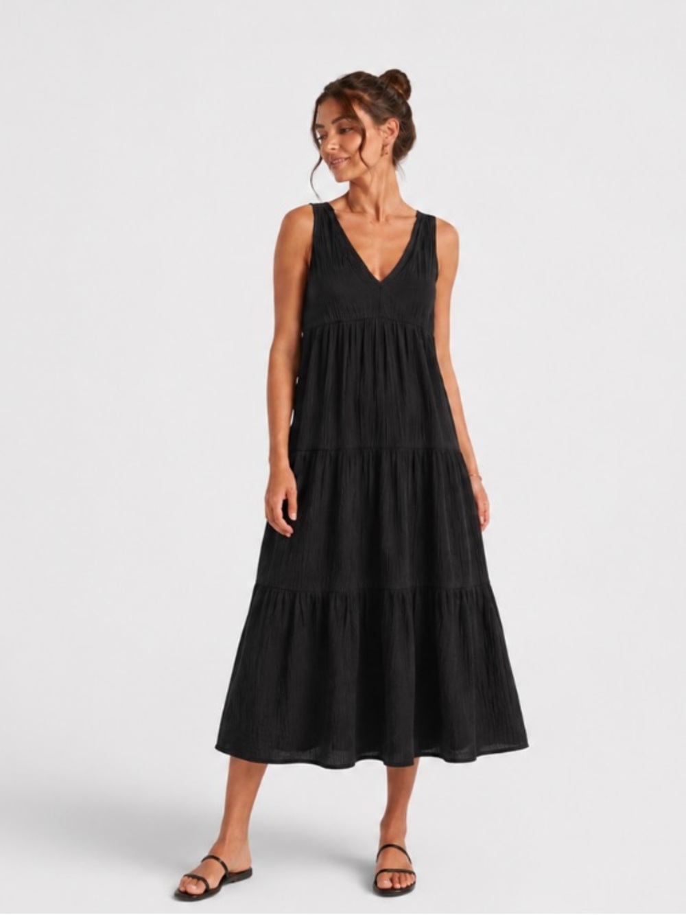 Quince Black Organic Cotton Gauze Tiered Dress Size Small V Neck Midi Dress